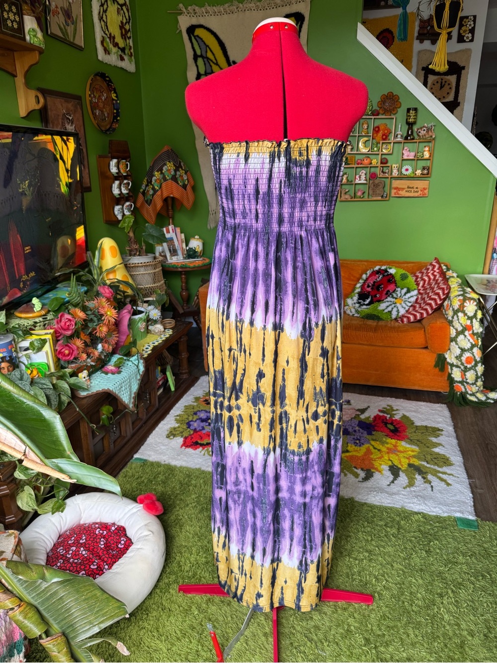 Tie-Dye Strapless Maxi Dress in Purple and Mustard